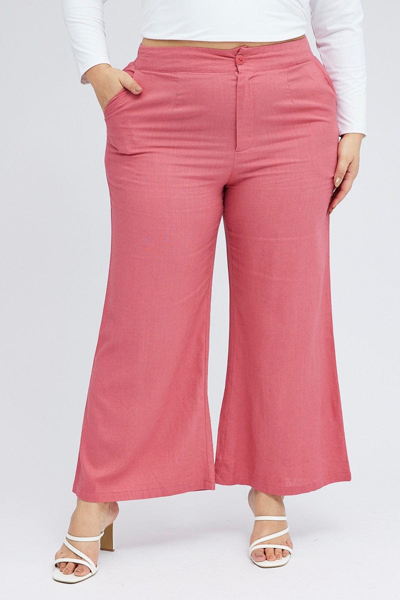 Pink Wide Leg Pants Linen Blend Button Front for YouandAll Fashion