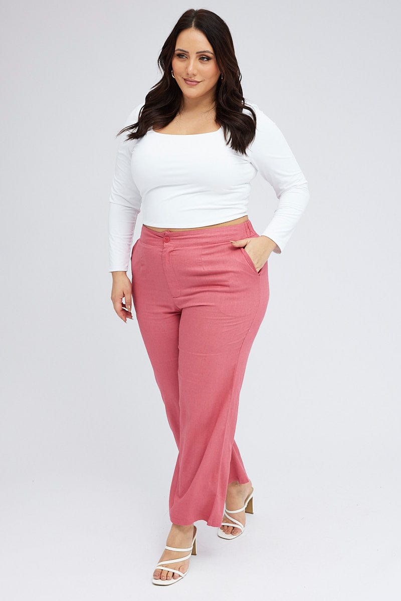 Pink Wide Leg Pants Linen Blend Button Front for YouandAll Fashion