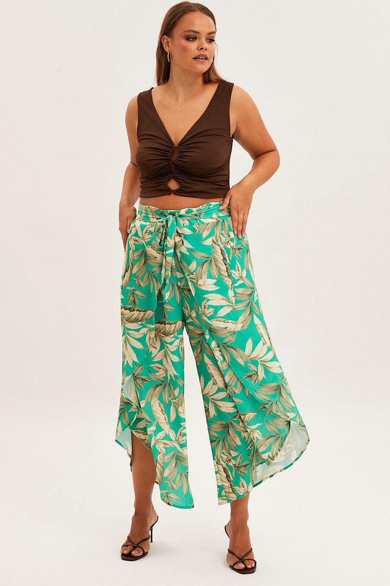 Green Floral Wide Pant Elastic Waist Split Leg for YouandAll Fashion