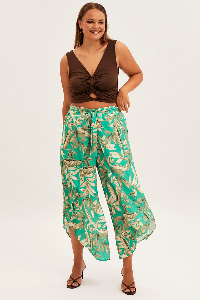 Green Floral Wide Pant Elastic Waist Split Leg for YouandAll Fashion