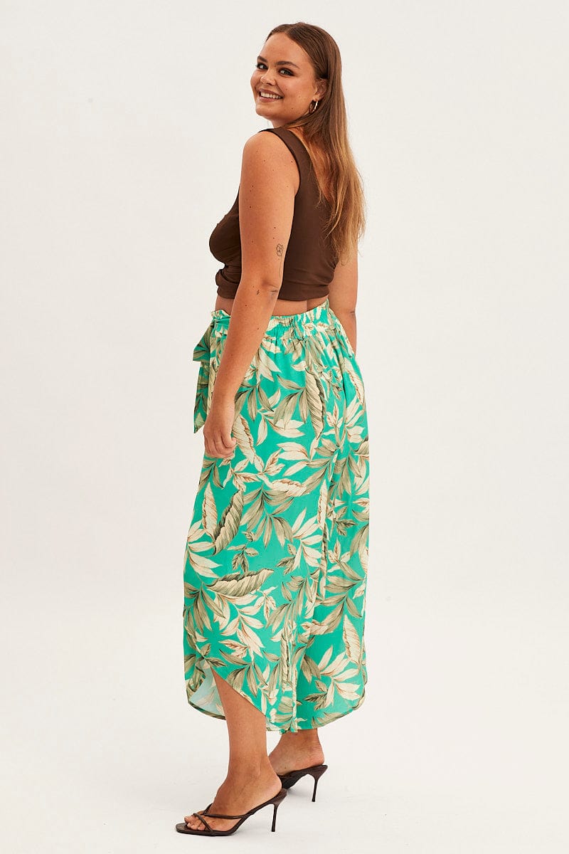 Green Floral Wide Pant Elastic Waist Split Leg for YouandAll Fashion