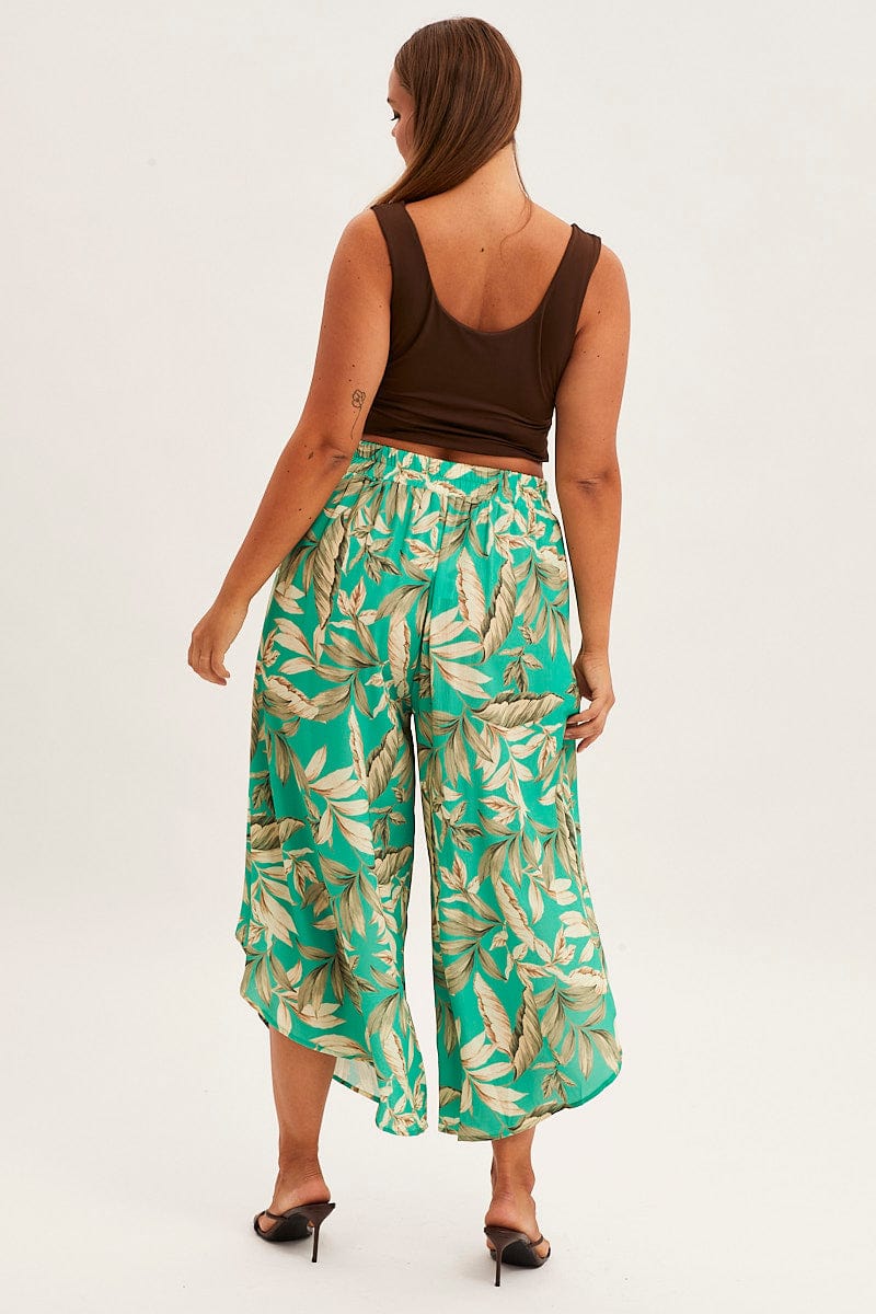 Green Floral Wide Pant Elastic Waist Split Leg for YouandAll Fashion