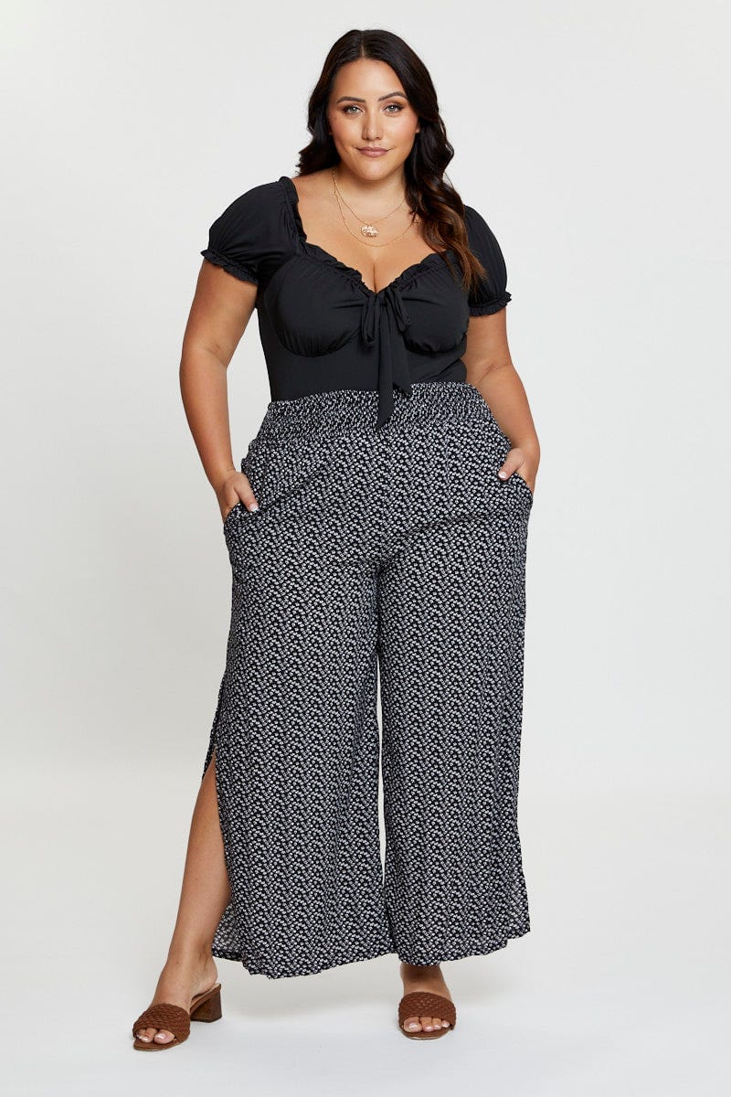 Ditsy Prt Wide Leg Pants High Rise Side Split For Women By You And All