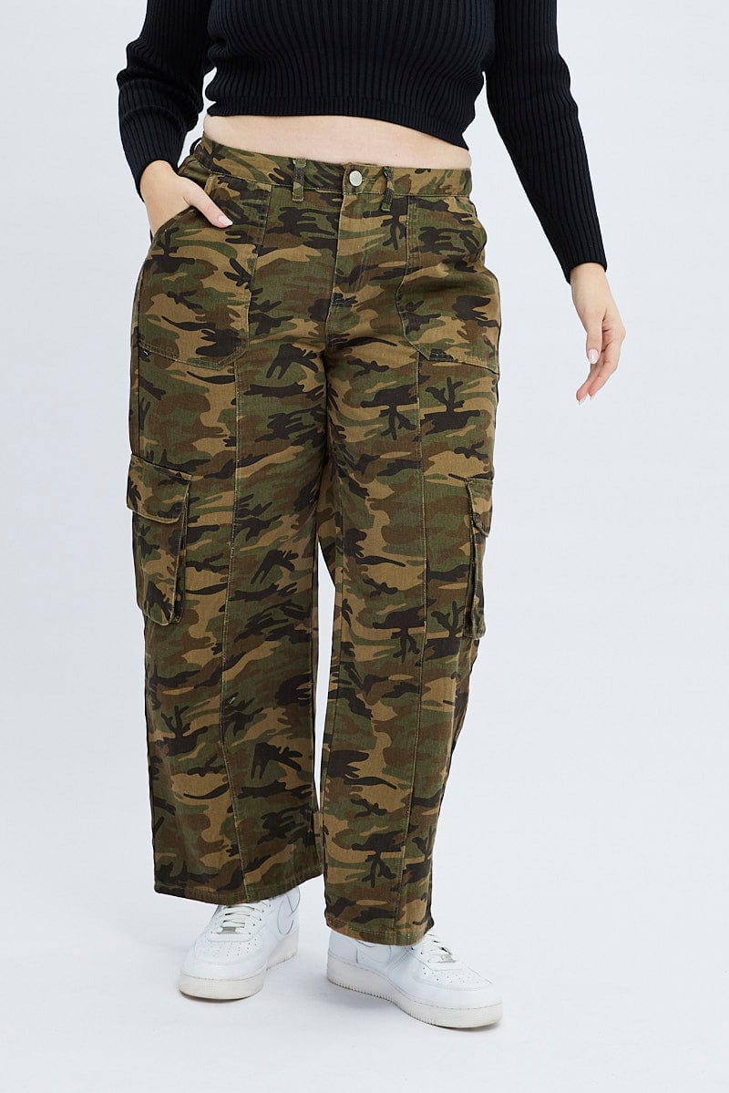 Green Abstract Cargo Pants Camouflage Wide Leg Cotton Drill for YouandAll Fashion