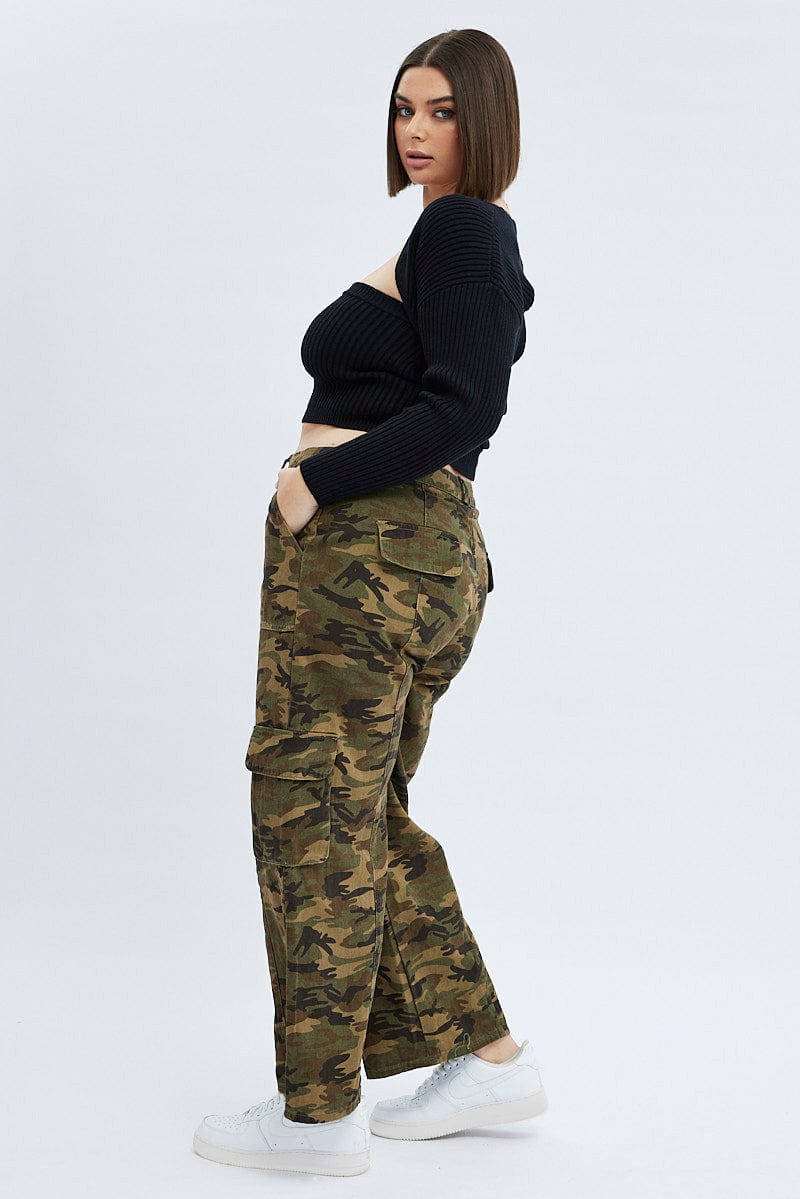 Green Abstract Cargo Pants Camouflage Wide Leg Cotton Drill for YouandAll Fashion