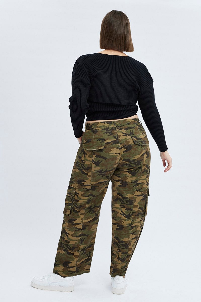 Green Abstract Cargo Pants Camouflage Wide Leg Cotton Drill for YouandAll Fashion