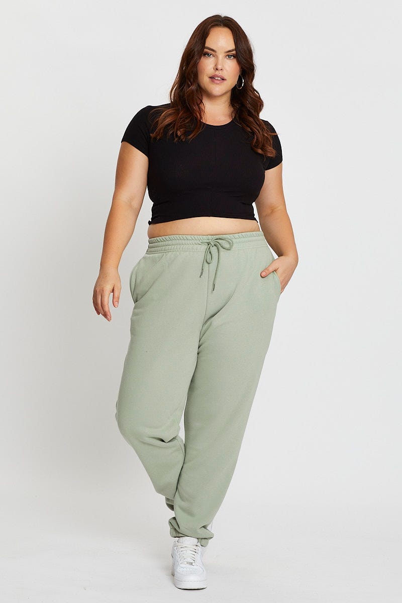Green Elastic Waist Sage Track Pants For Women By You And All