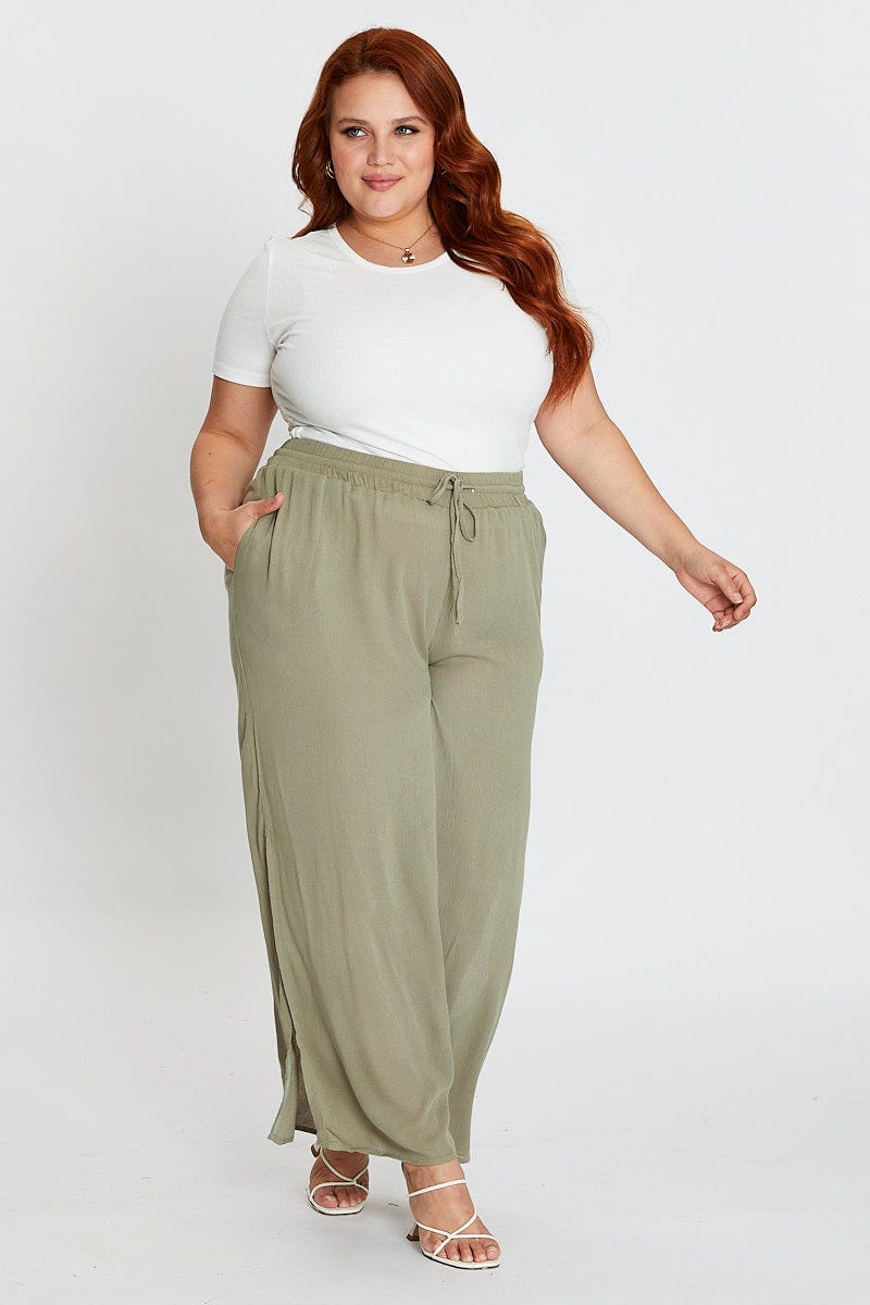 Green Elastic Waist Brown Crinkle Wide Leg Pants For Women By You And All