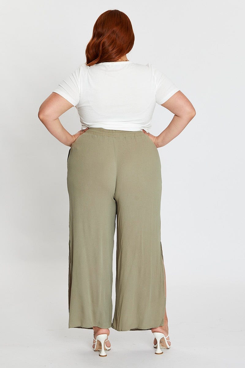 Green Elastic Waist Brown Crinkle Wide Leg Pants For Women By You And All