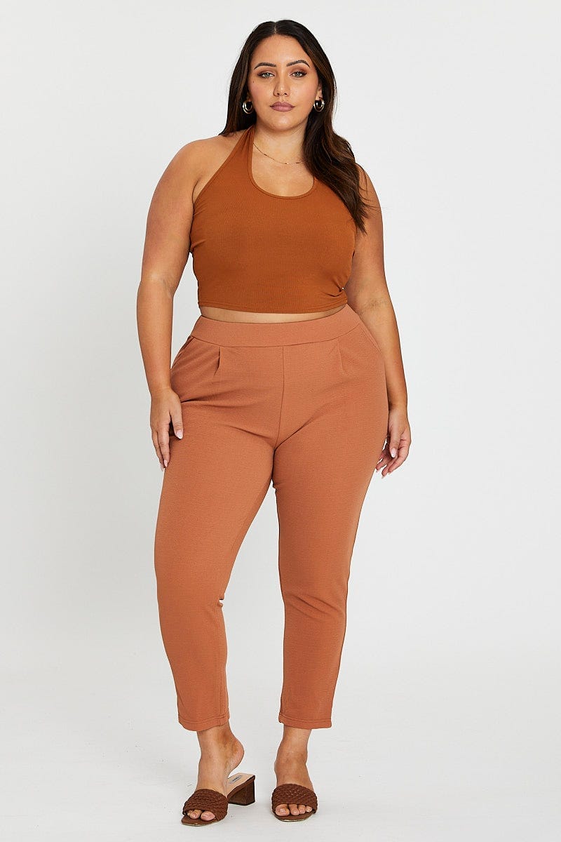 Camel Mid Rise Camel Slim Pants For Women By You And All