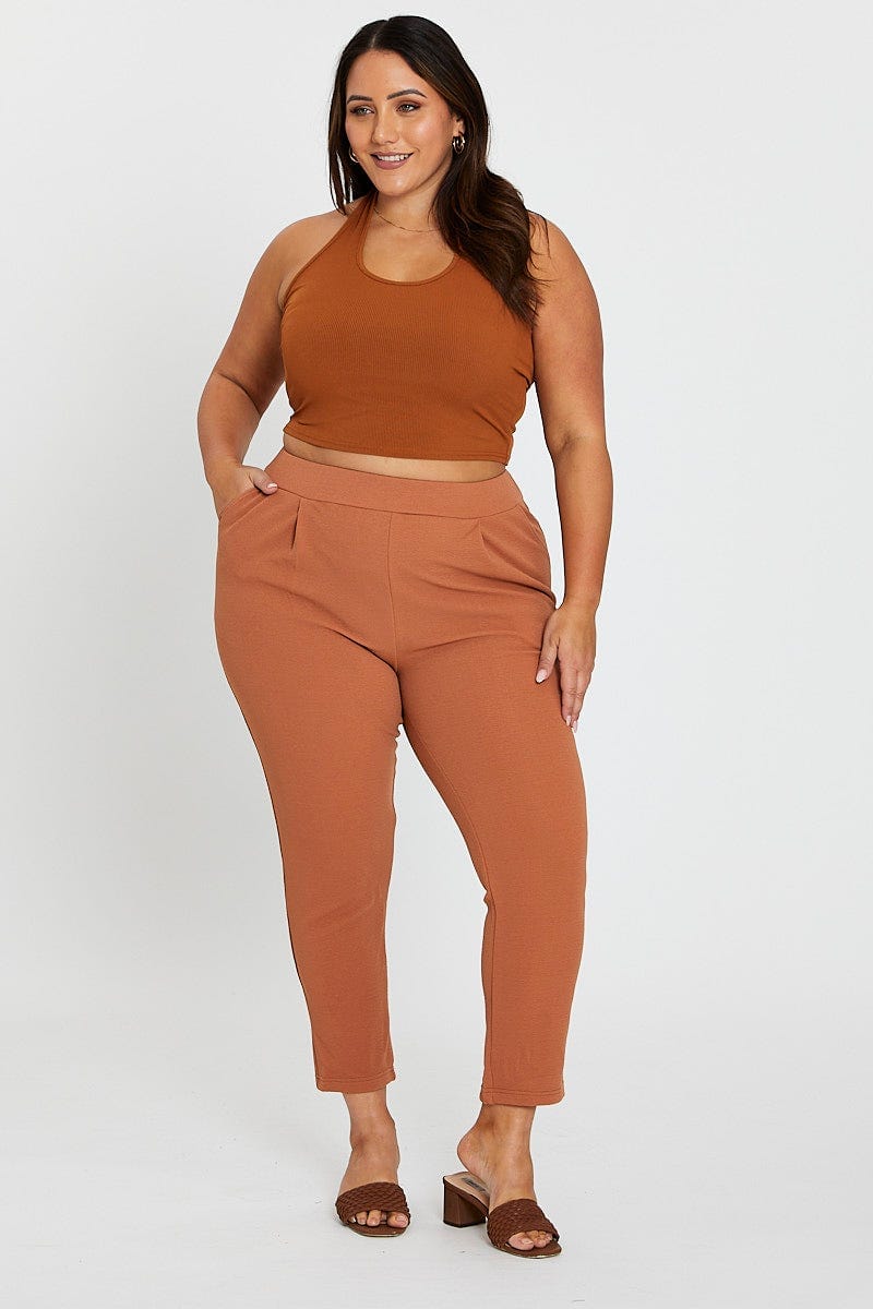 Camel Mid Rise Camel Slim Pants For Women By You And All