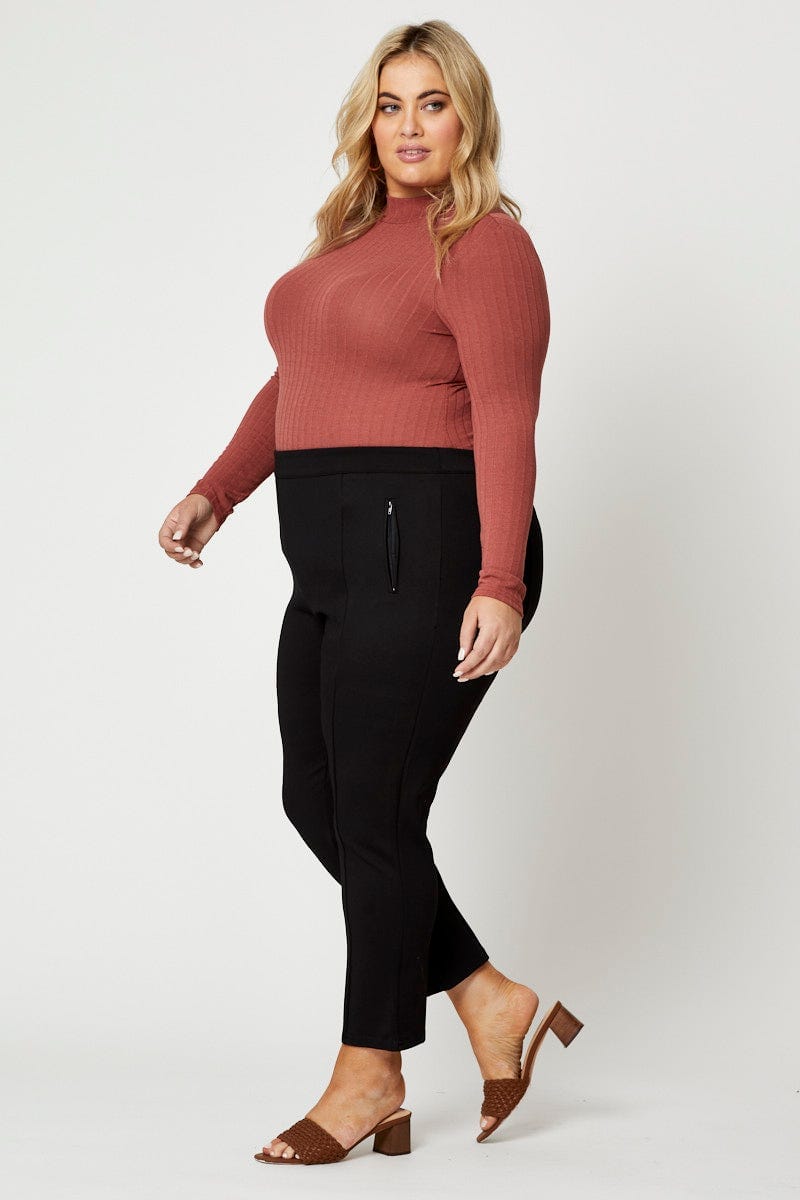 Black Plus Zip Detail Ponte Straight Fit Pants For Women By You And All