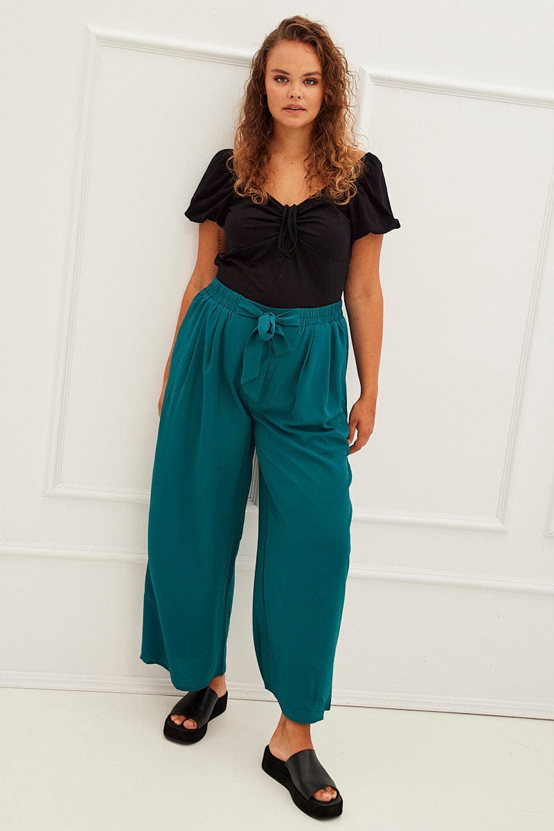 Green High Waist Wide Leg Crepe Pants for YouandAll Fashion