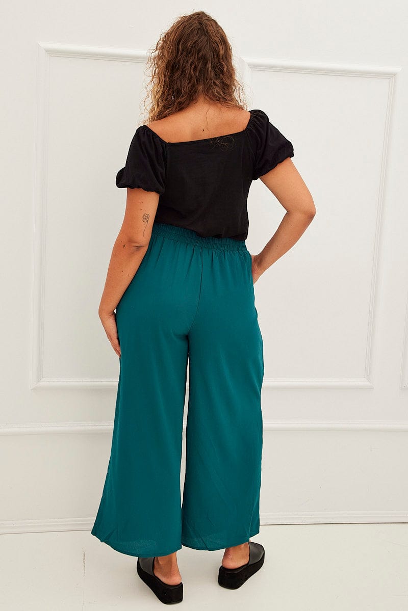 Green High Waist Wide Leg Crepe Pants for YouandAll Fashion