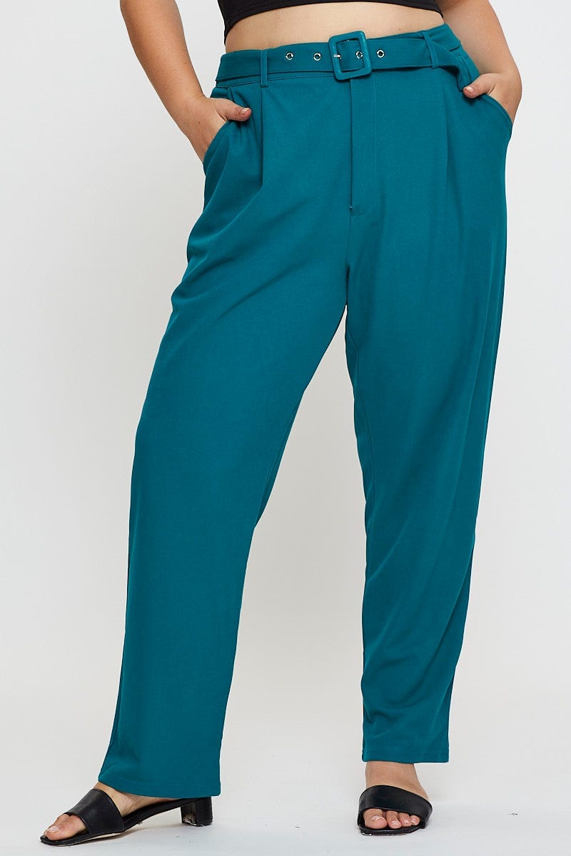 Green Slim Leg Pants High Rise Belted For Women By You And All