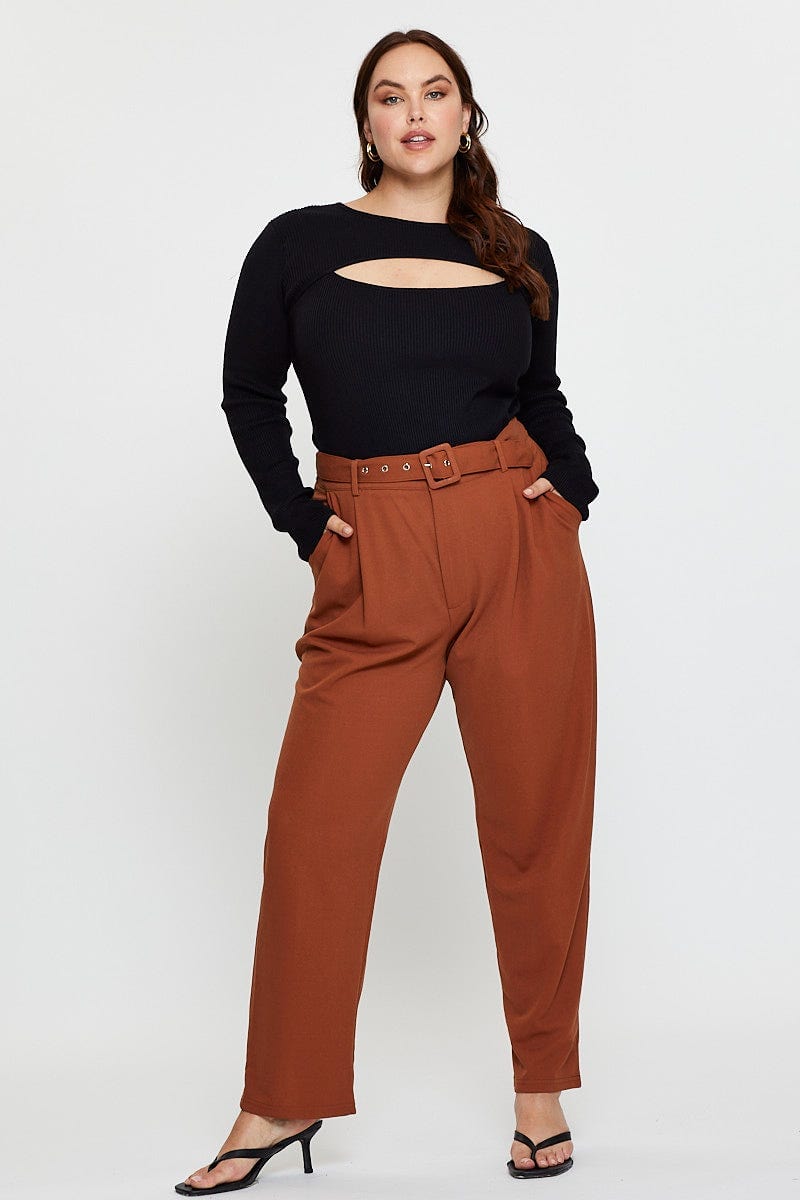 Camel Slim Leg Pants High Rise Belted For Women By You And All