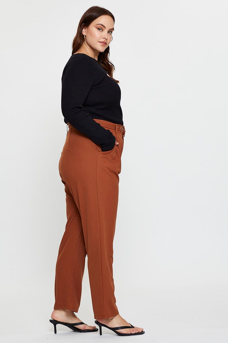 Camel Slim Leg Pants High Rise Belted For Women By You And All
