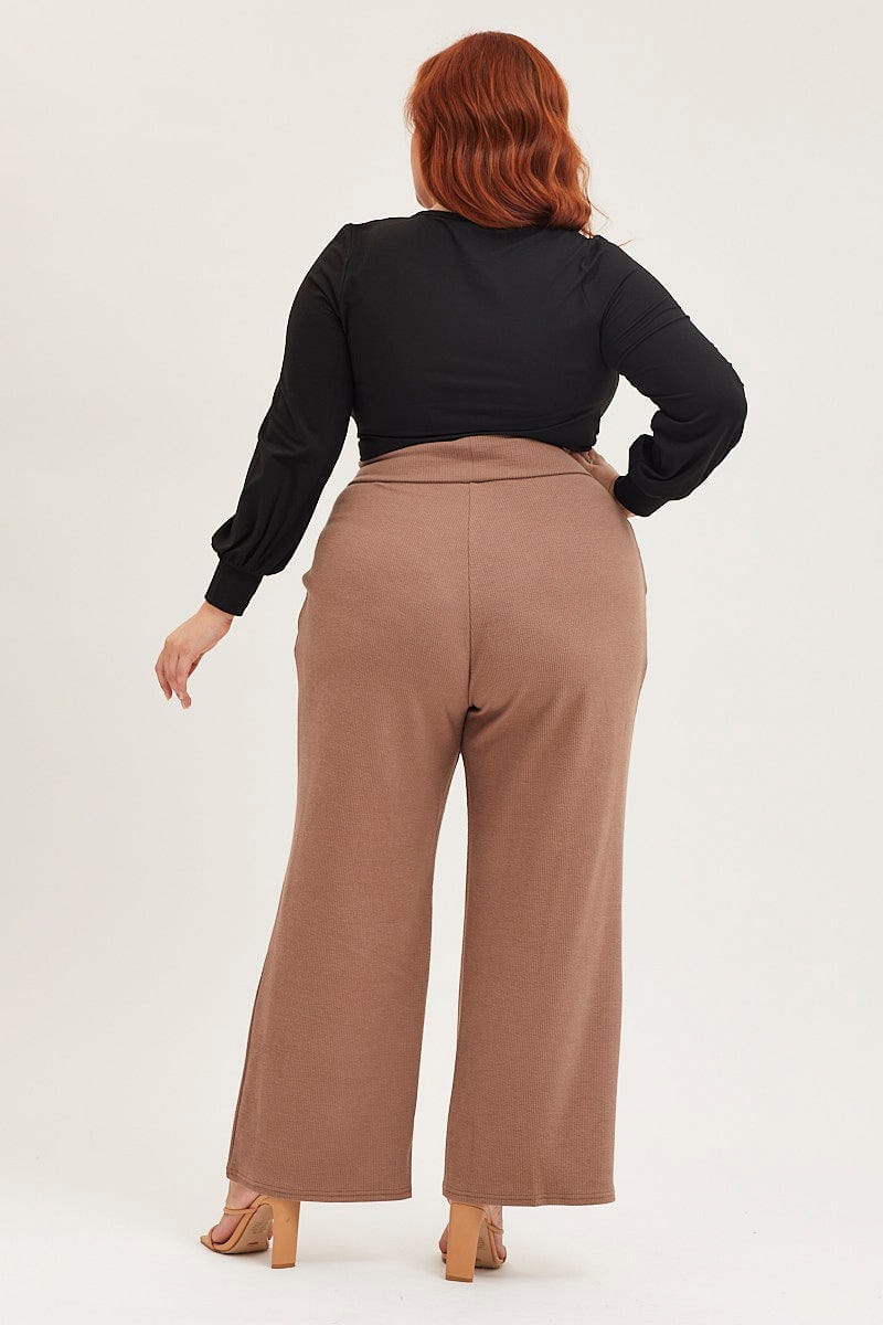 Camel Rib Jersey Wide Leg Beige Pant For Women By You And All