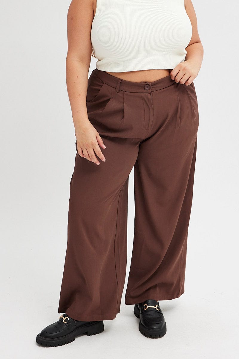 Brown Wide Leg Pants High Rise for YouandAll Fashion