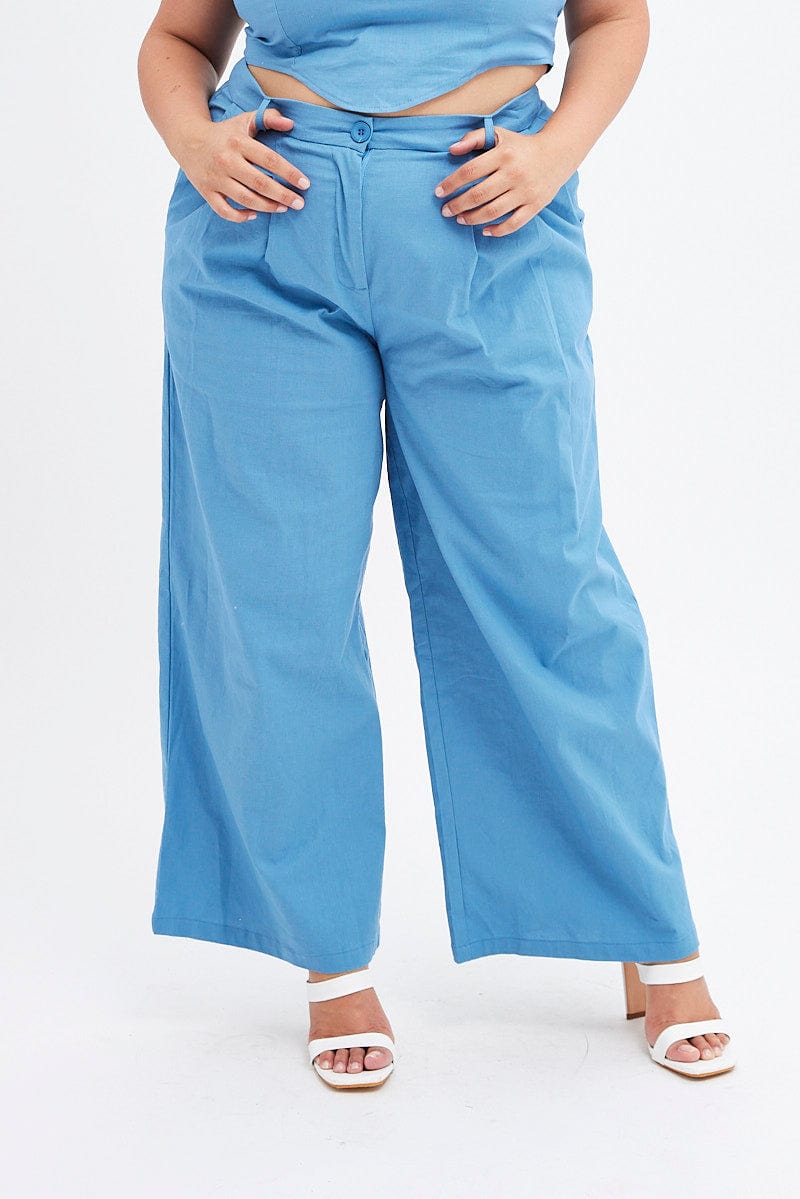Blue Wide Leg Pants High Rise for YouandAll Fashion