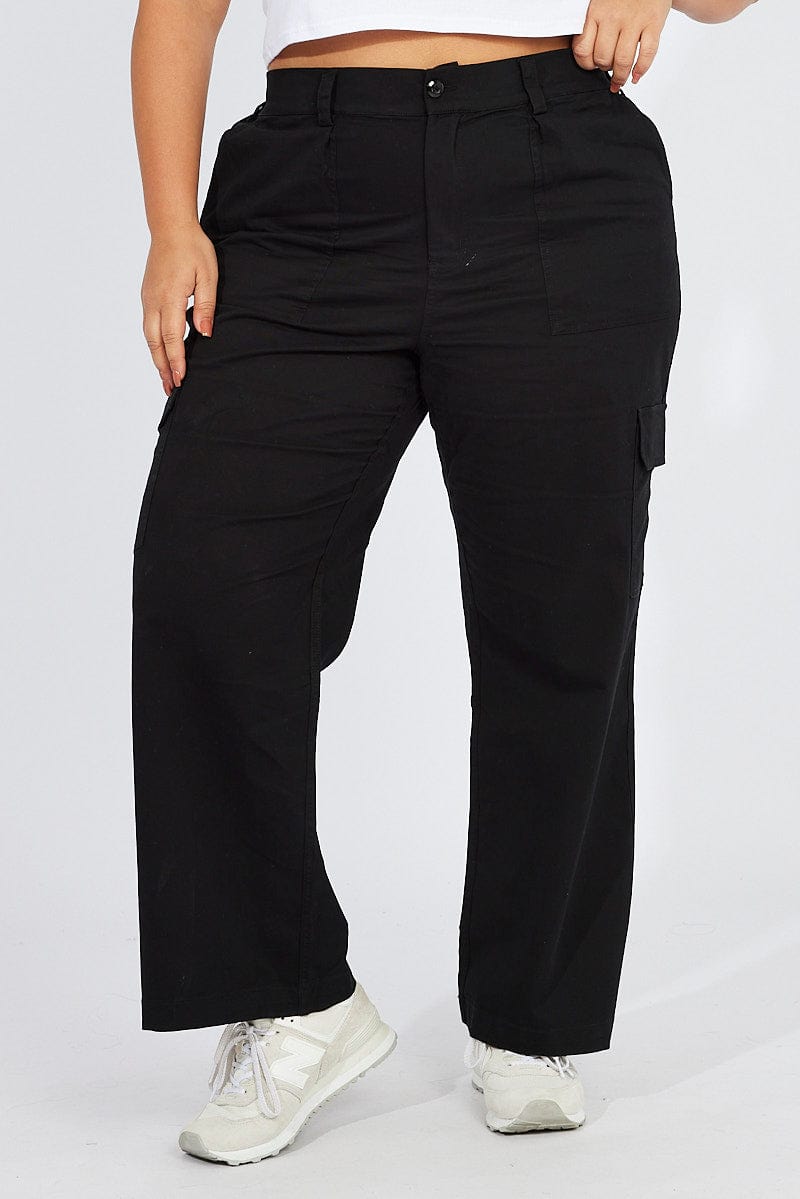 Black Mid Rise Wide Leg Cargo Pants for YouandAll Fashion