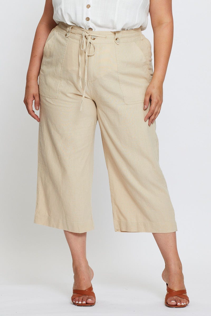Nude Wide Leg Pants High Rise Linen Blend Crop For Women By You And All