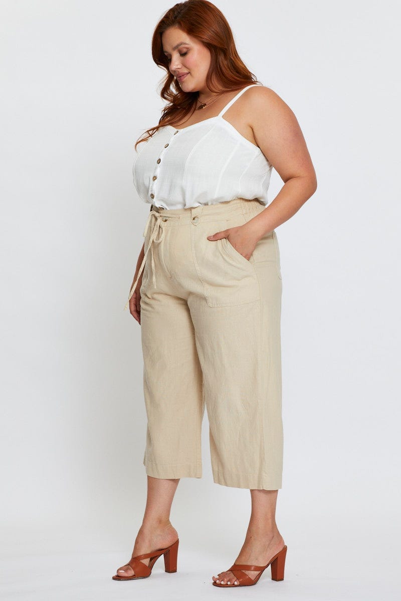 Nude Wide Leg Pants High Rise Linen Blend Crop For Women By You And All