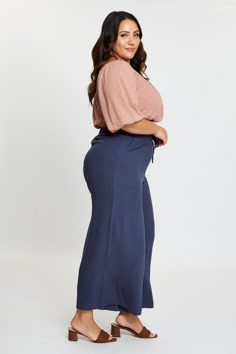 Blue Wide Leg Pants High Rise Rayon Elastic Waist For Women By You And All