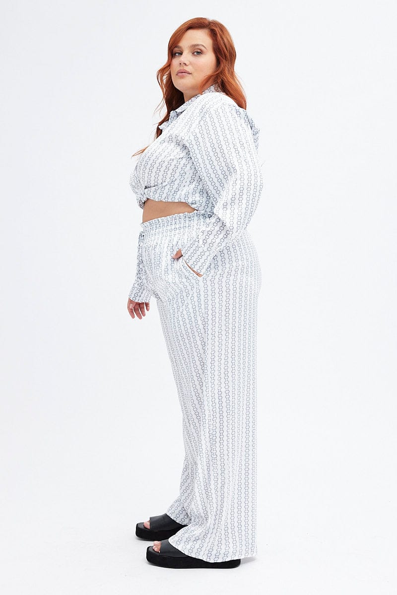 White Print Wide Leg Pants High Rise Satin for YouandAll Fashion