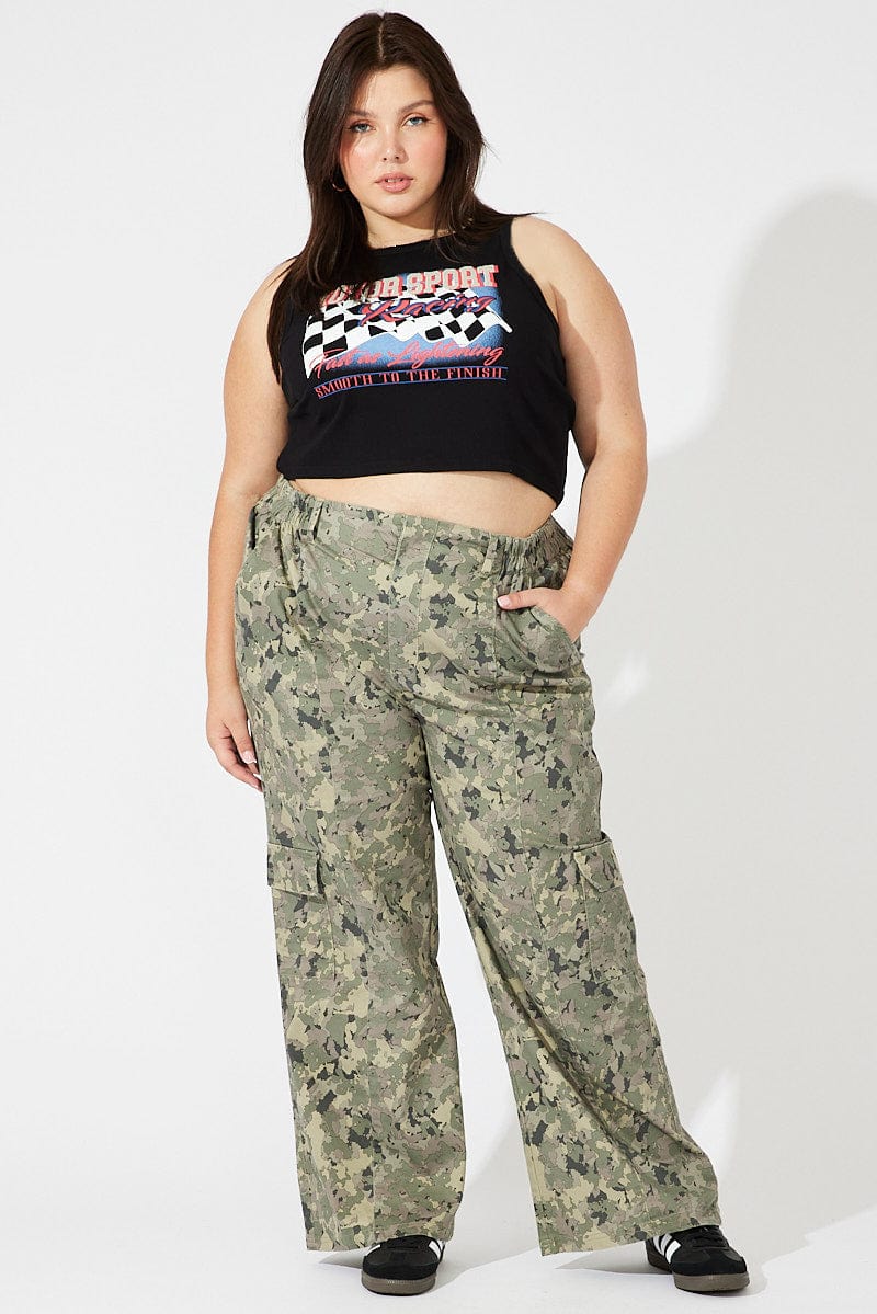 Green Print Cargo Pants Mid Rise for YouandAll Fashion