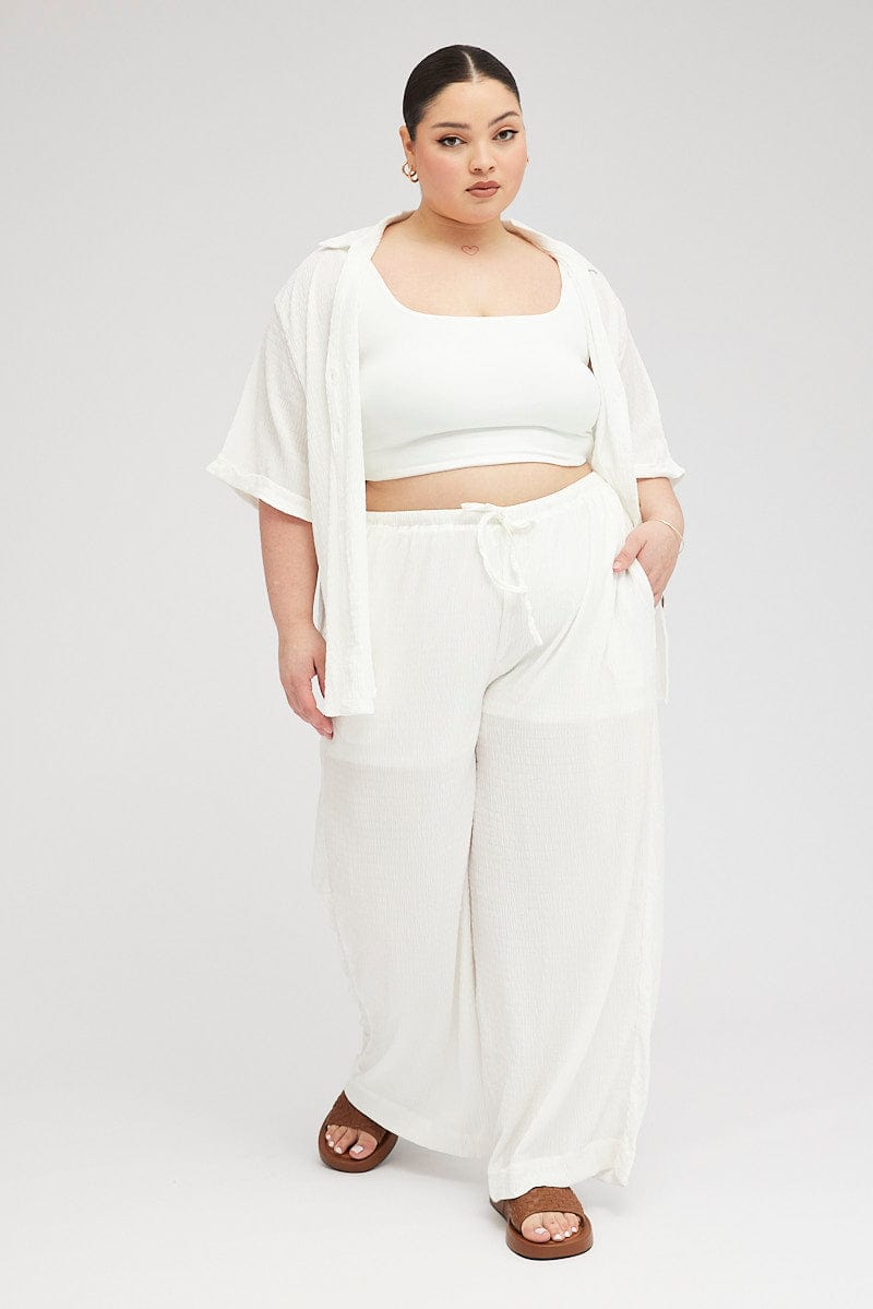 White Wide Leg Pants High Rise Textured Fabric for YouandAll Fashion