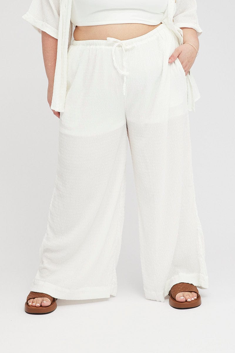 White Wide Leg Pants High Rise Textured Fabric for YouandAll Fashion