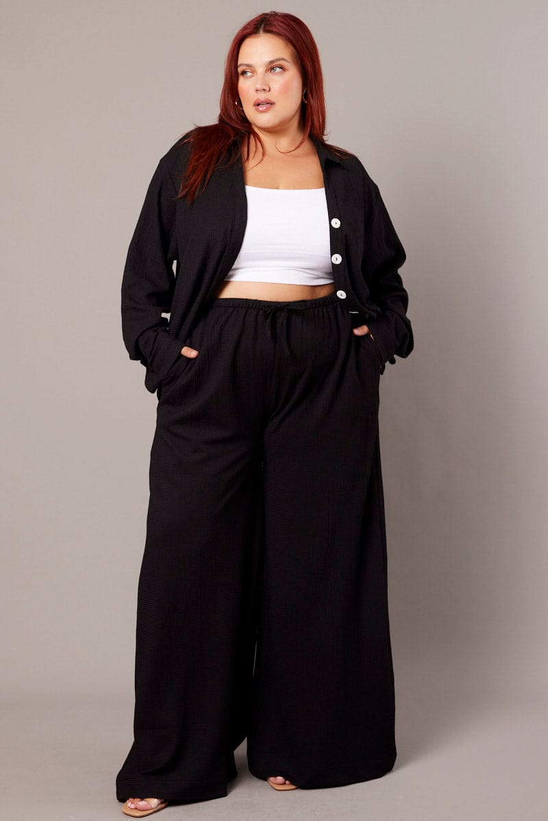 Black Wide Leg Pants High Rise Textured Fabric for YouandAll Fashion