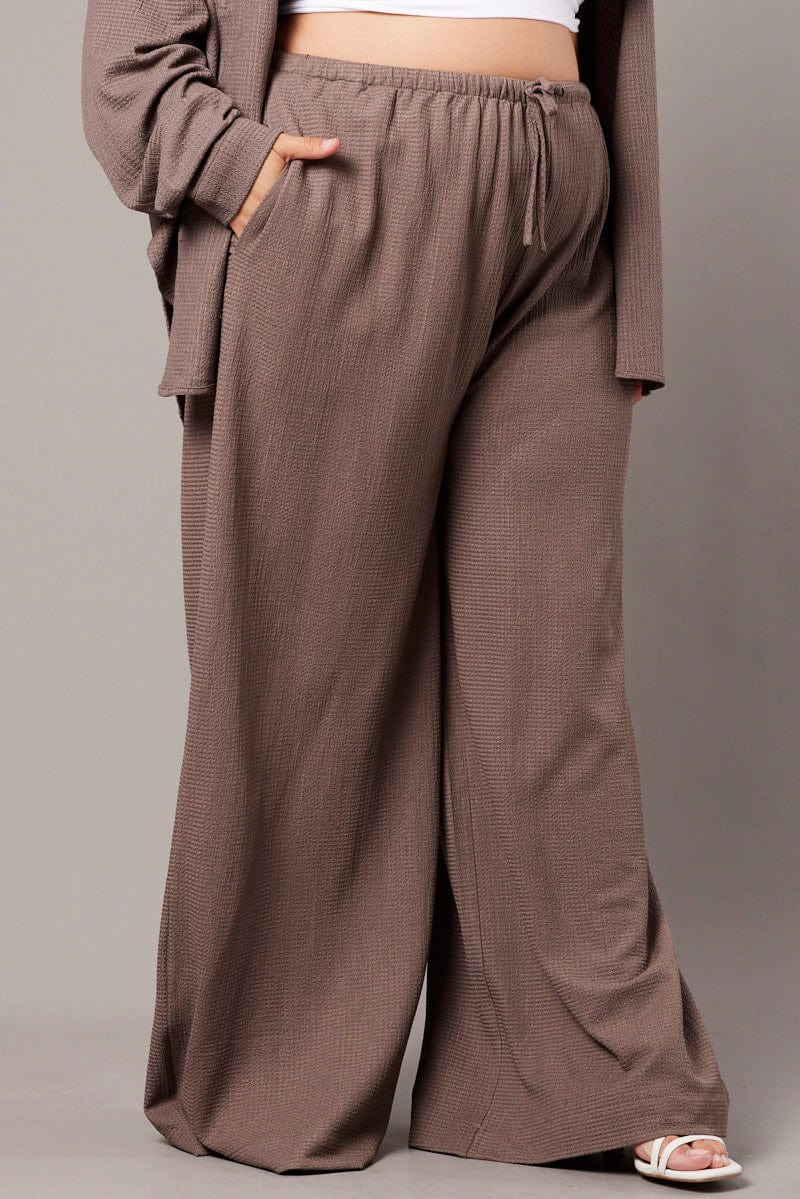 Brown Wide Leg Pants High Rise Textured Fabric for YouandAll Fashion