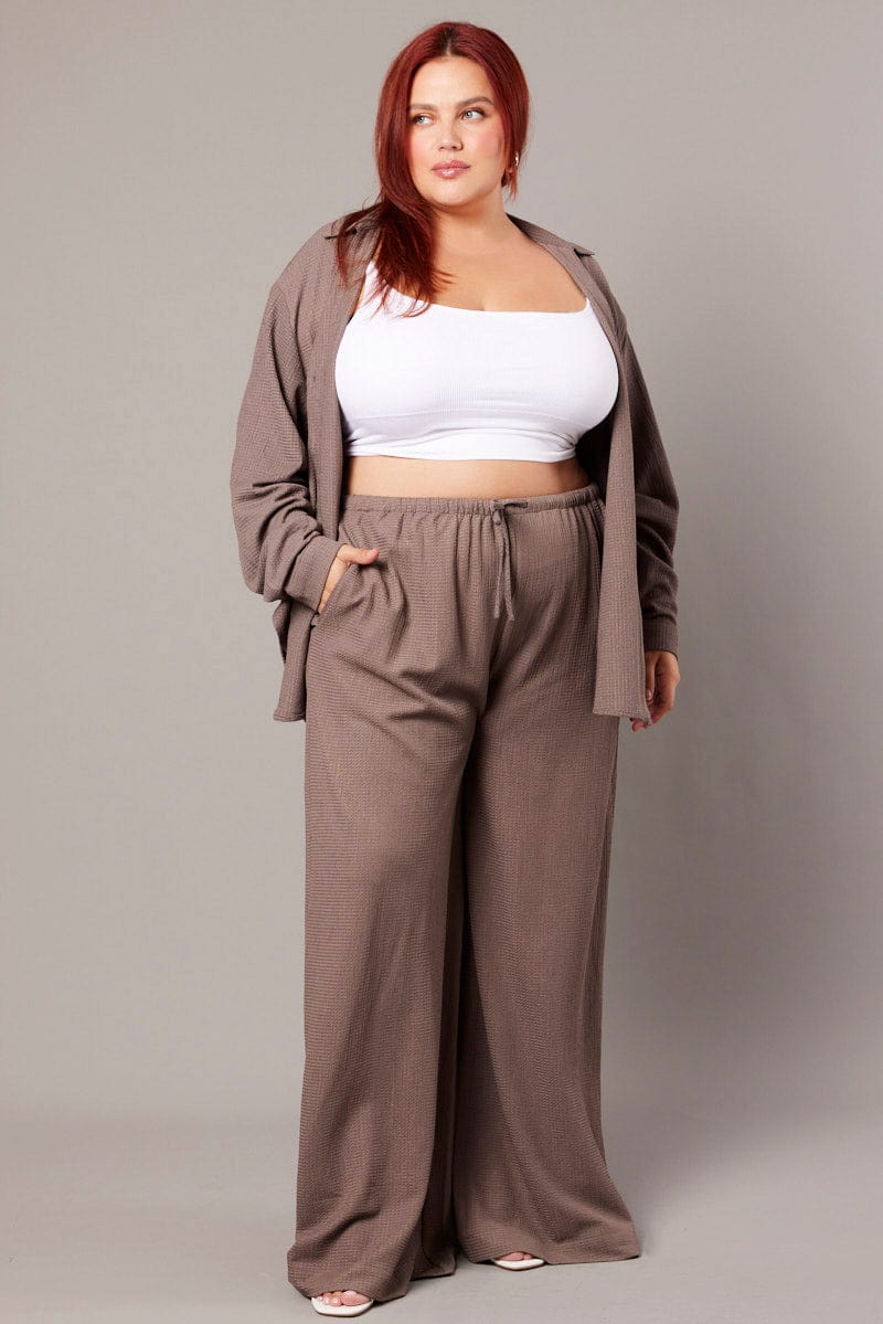 TEXTURED WIDE LEG PANTS - Brown / White