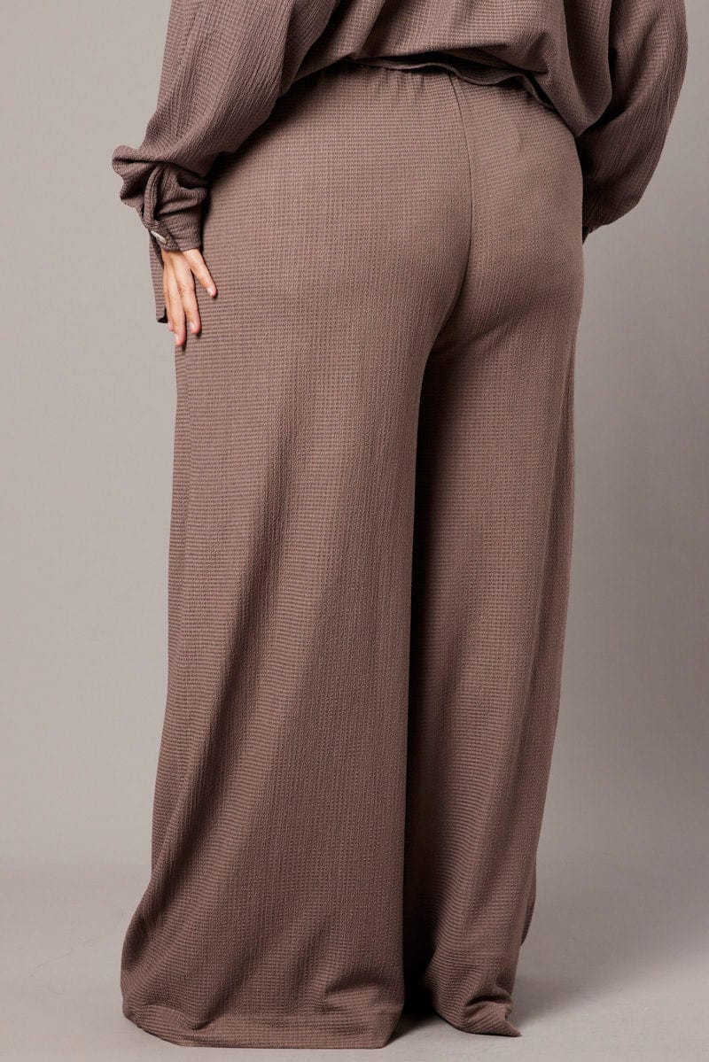 Brown Wide Leg Pants High Rise Textured Fabric for YouandAll Fashion