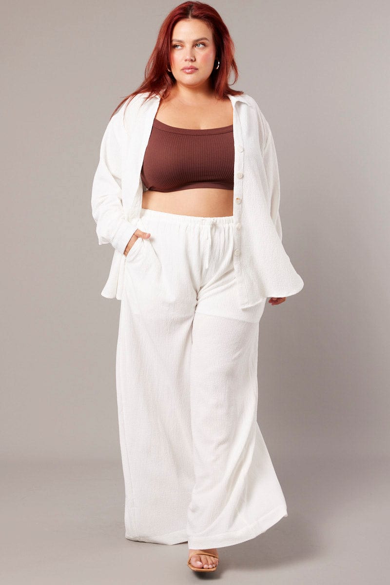 White Wide Leg Pants High Rise Textured Fabric for YouandAll Fashion