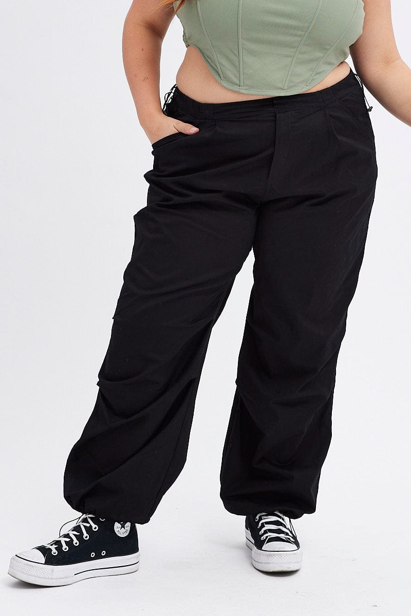 Black Parachute Cargo Pants Low Rise for YouandAll Fashion