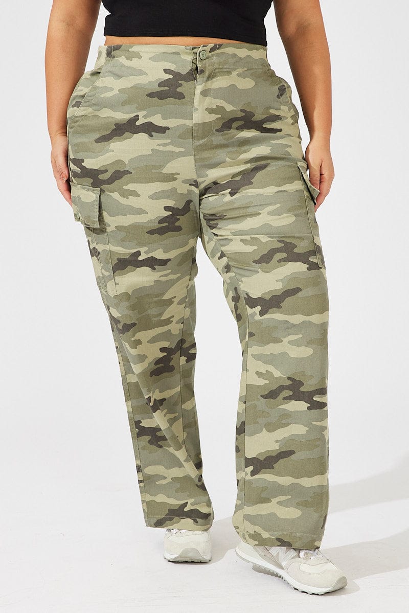 Green Print Cargo Pants High Rise Camouflage for YouandAll Fashion