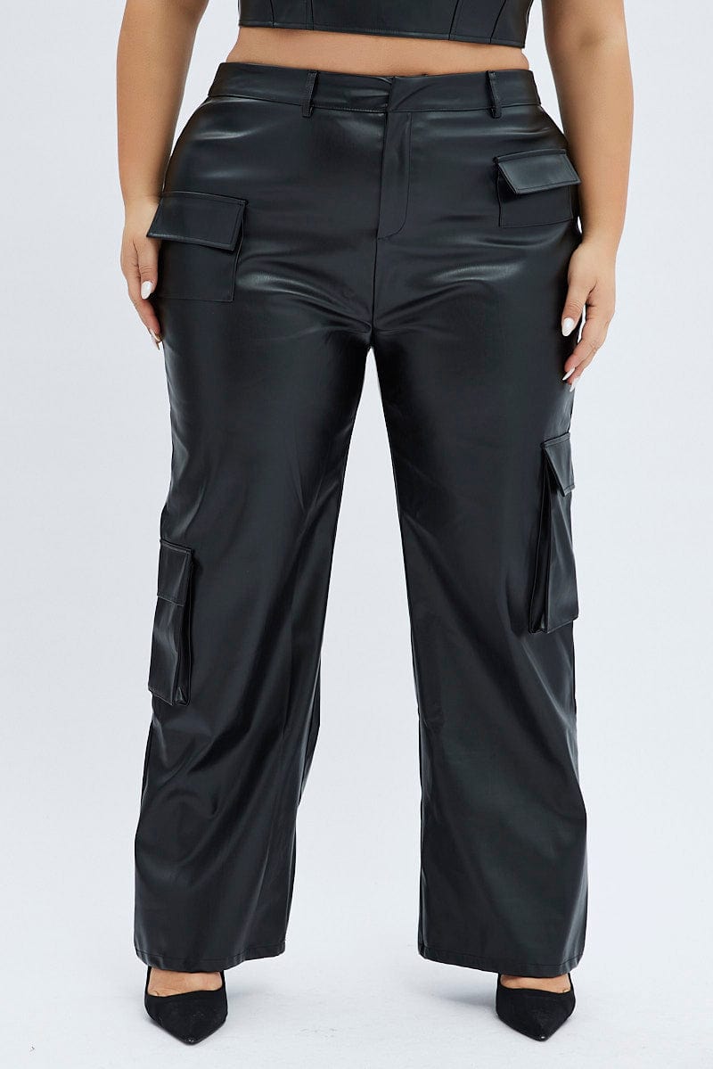 Black Cargo Pants Straight Fit High Rise Faux Leather for YouandAll Fashion