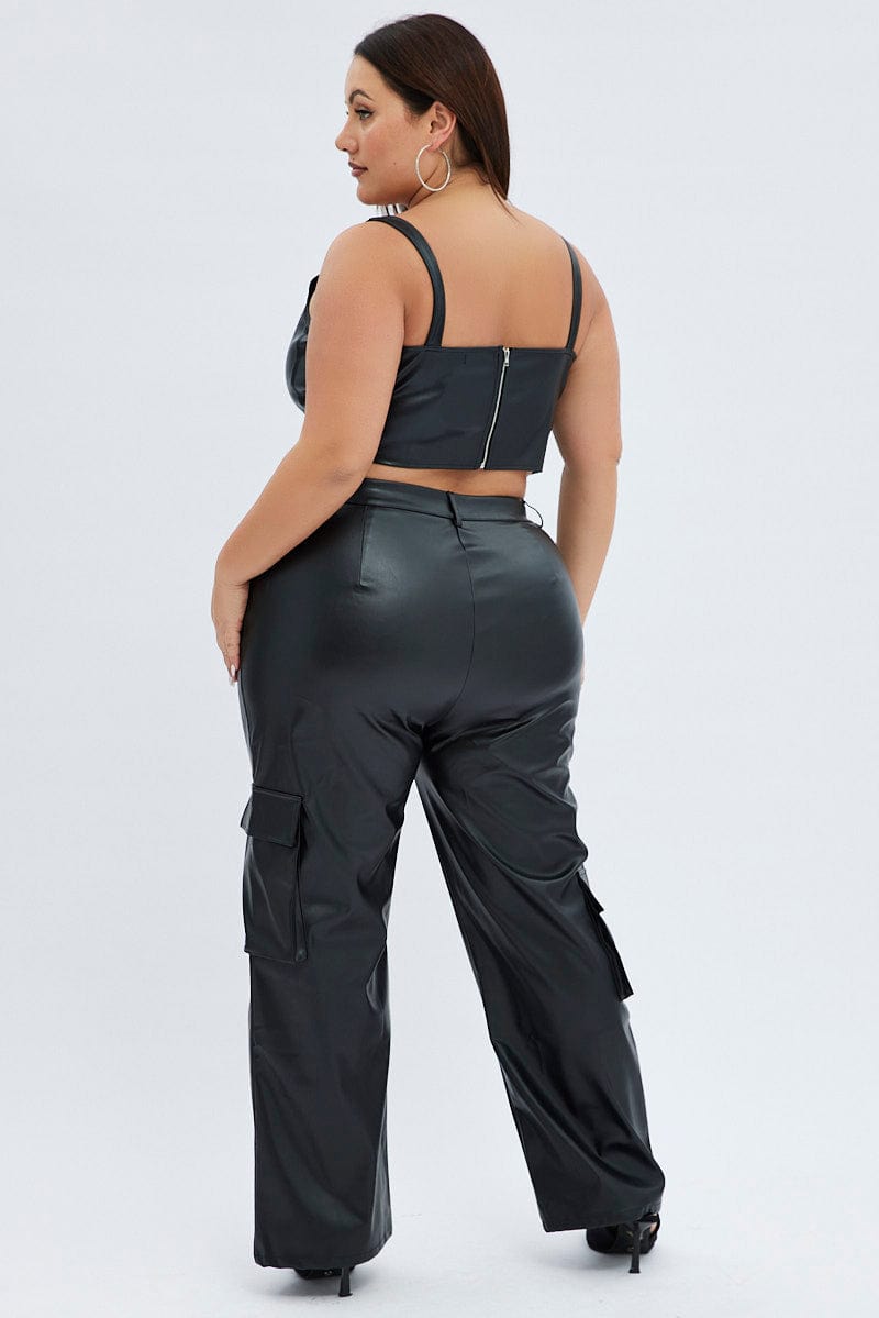 Black Leather Low Rise V-Cut Ruched Flare Cargo Pants