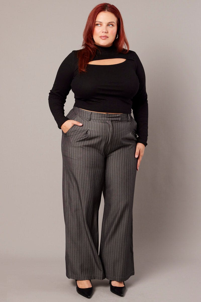 Grey Stripe Wide Leg Pants High Rise for YouandAll Fashion