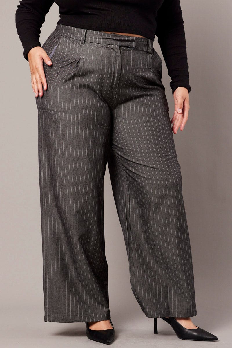 Grey Stripe Wide Leg Pants High Rise for YouandAll Fashion