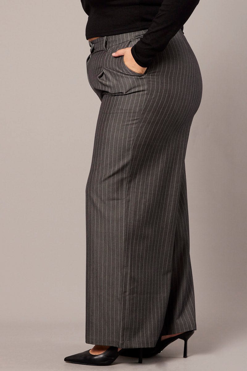 Grey Stripe Wide Leg Pants High Rise for YouandAll Fashion