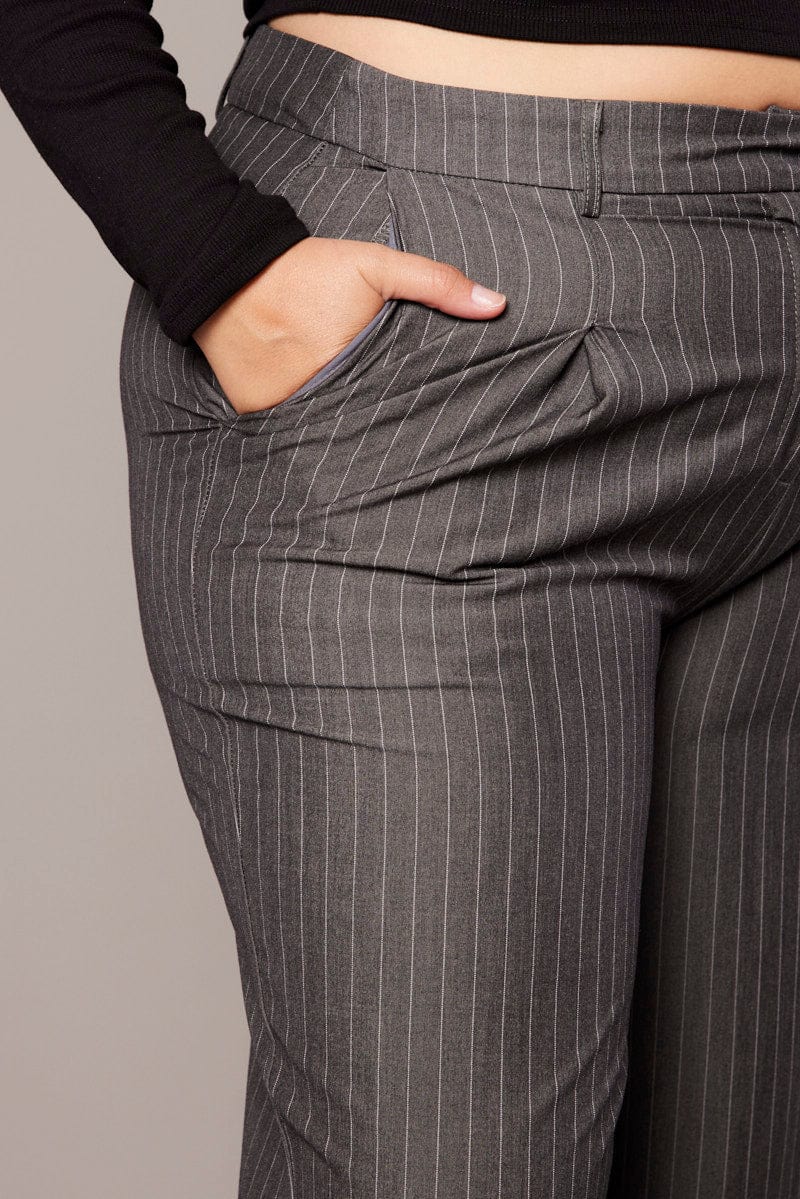 Grey Stripe Wide Leg Pants High Rise for YouandAll Fashion