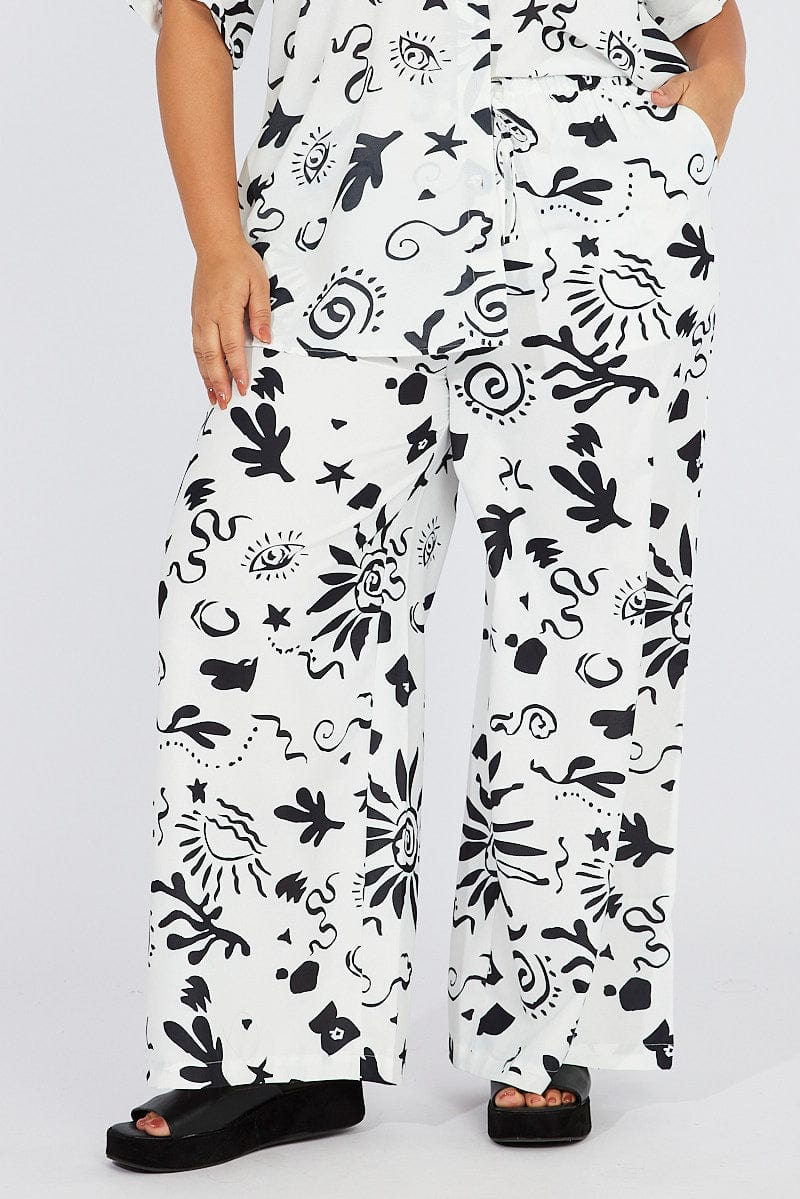 White Abstract Wide Leg Pants High Rise for YouandAll Fashion