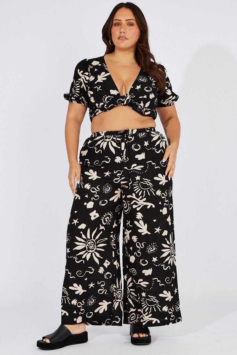 Black Abstract Wide Leg Pants High Rise