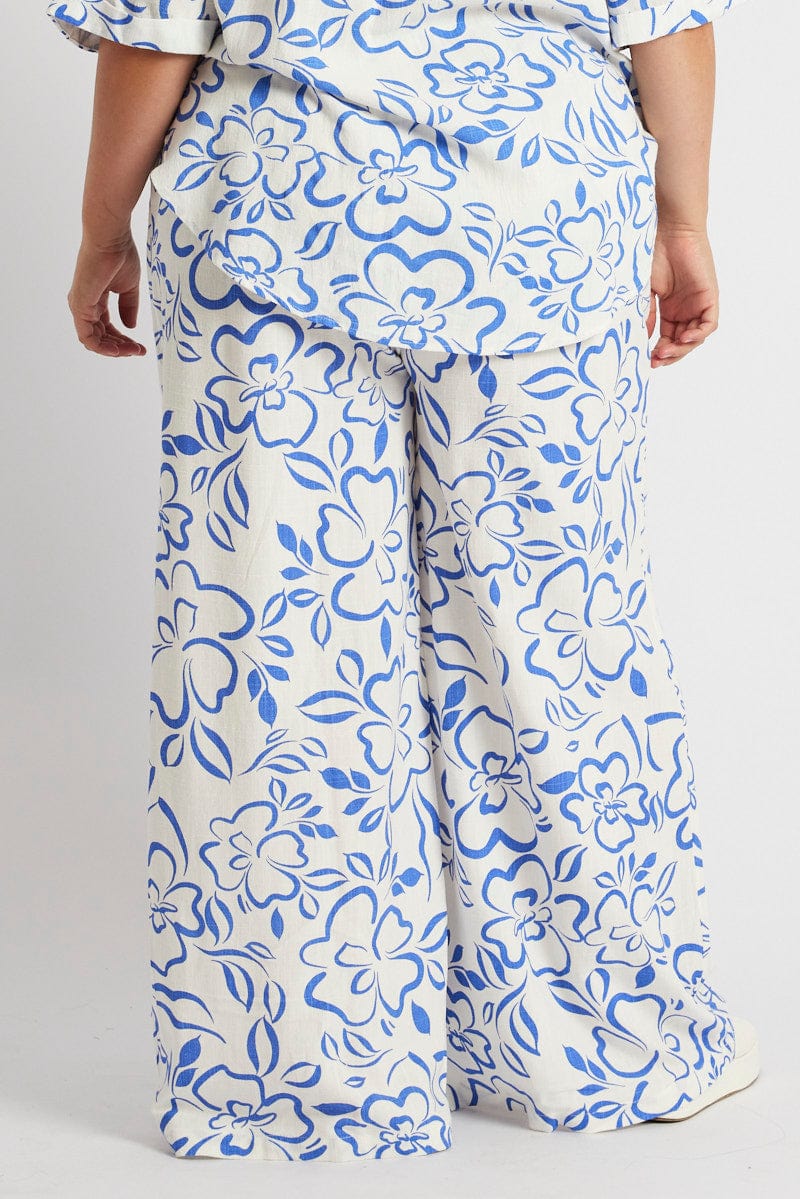 Blue Abstract Wide Leg Pants High Rise for YouandAll Fashion