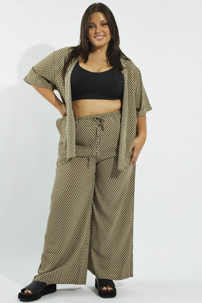 Brown Geo Wide Leg Pants High Rise for YouandAll Fashion