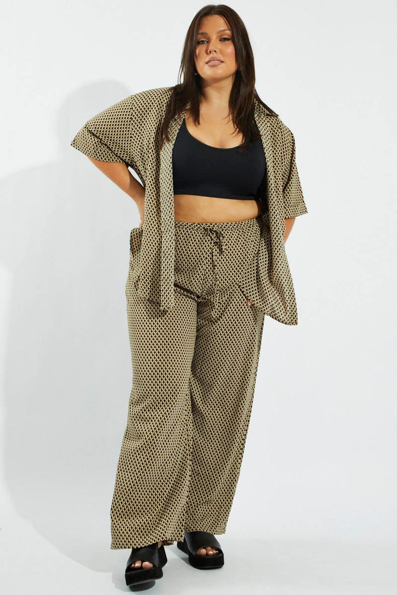 Brown Geo Wide Leg Pants High Rise for YouandAll Fashion